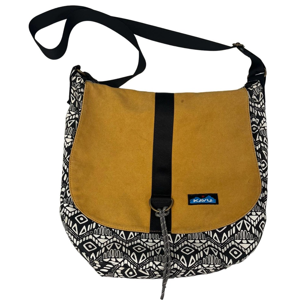 Kavu Black Batik Boho Cross Body Bag Adjustable Strap Black White Tan